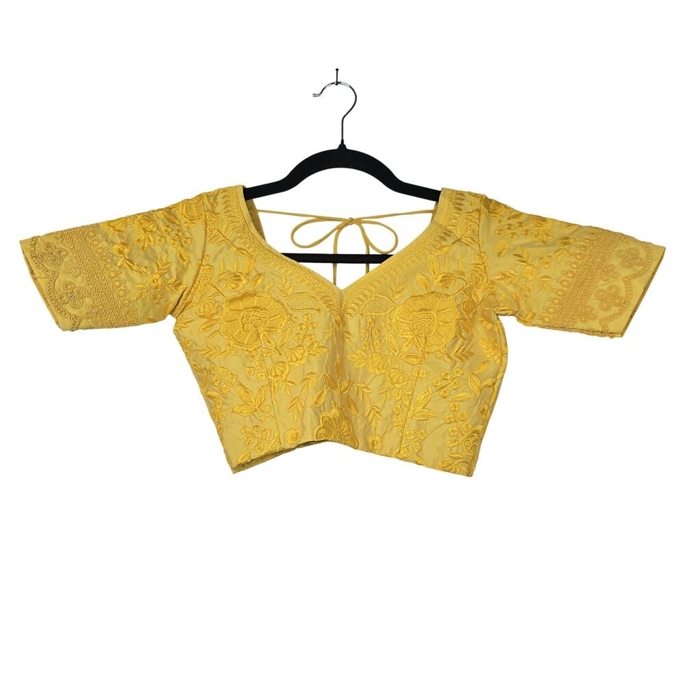 Embroidered Blouse Womens Small Yellow Floral Cropped V Neck Lined Short Sleeve